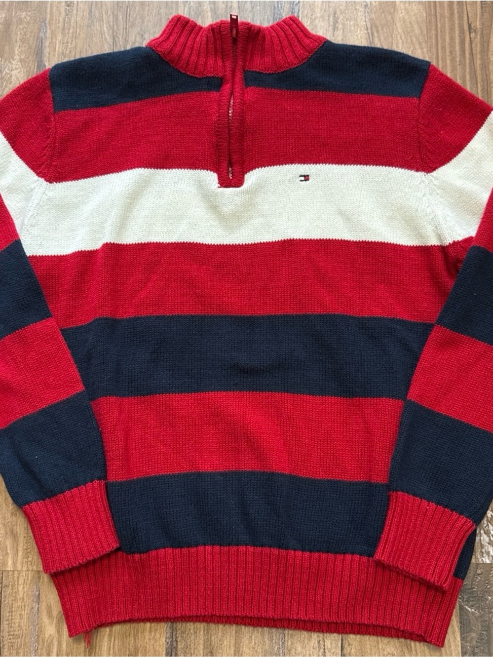 Tommy Hilfiger Boys Red, Navy & White Striped Quarter-Zip Sweater